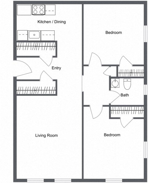 Floor plan for 2 beds, 1 bath, 900 sqft